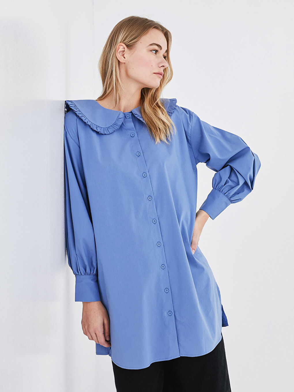 Tunică Femei Supradimensionată Poplin Mânecă Lungă Guler Baby-1