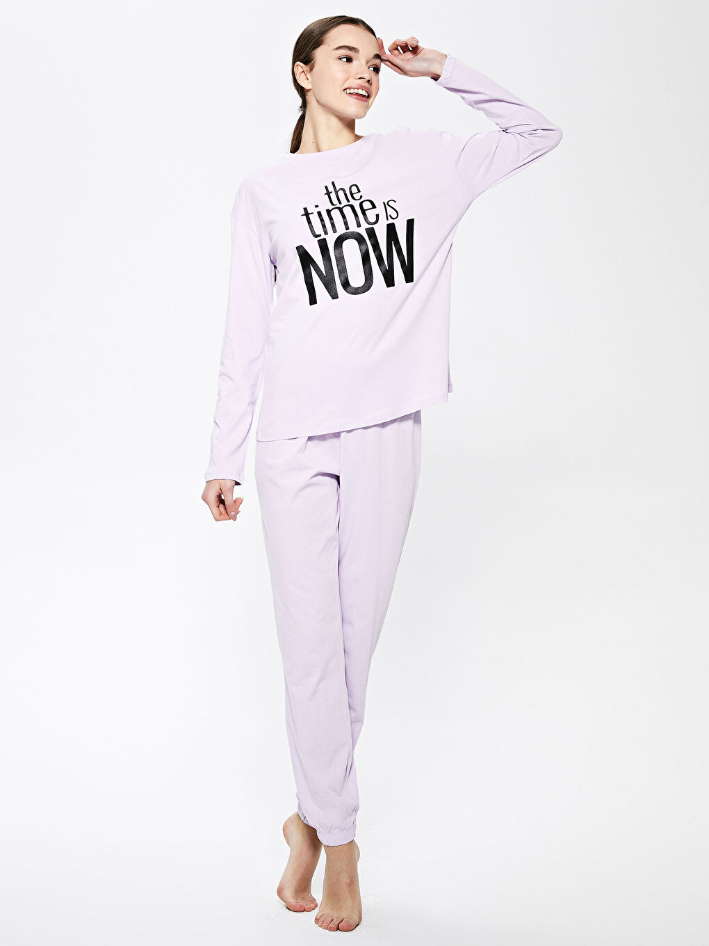 طقم بيجاما قطن كم طويل مطبوع برقبة دائرية للسيدات-1