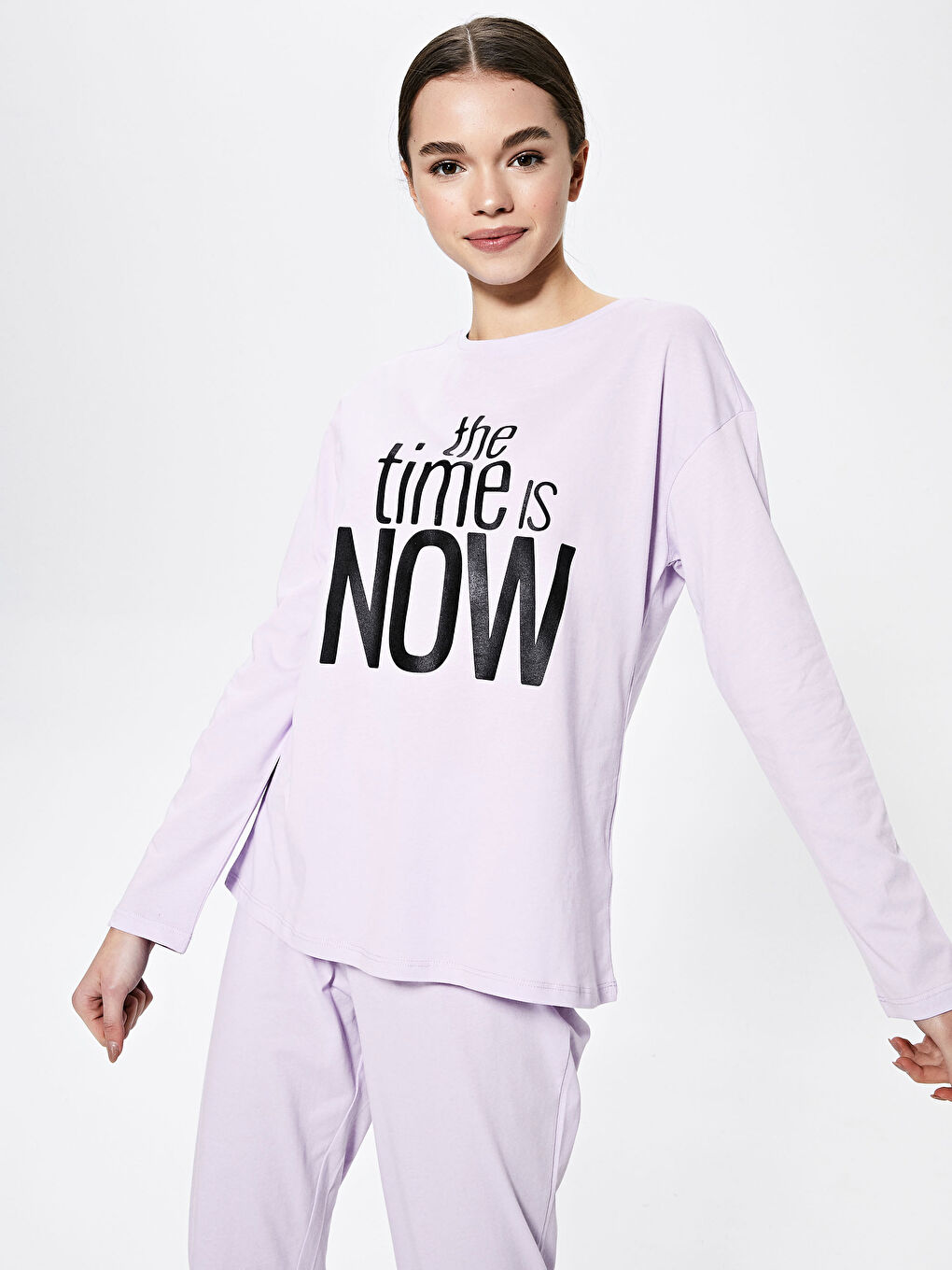 طقم بيجاما قطن كم طويل مطبوع برقبة دائرية للسيدات-3