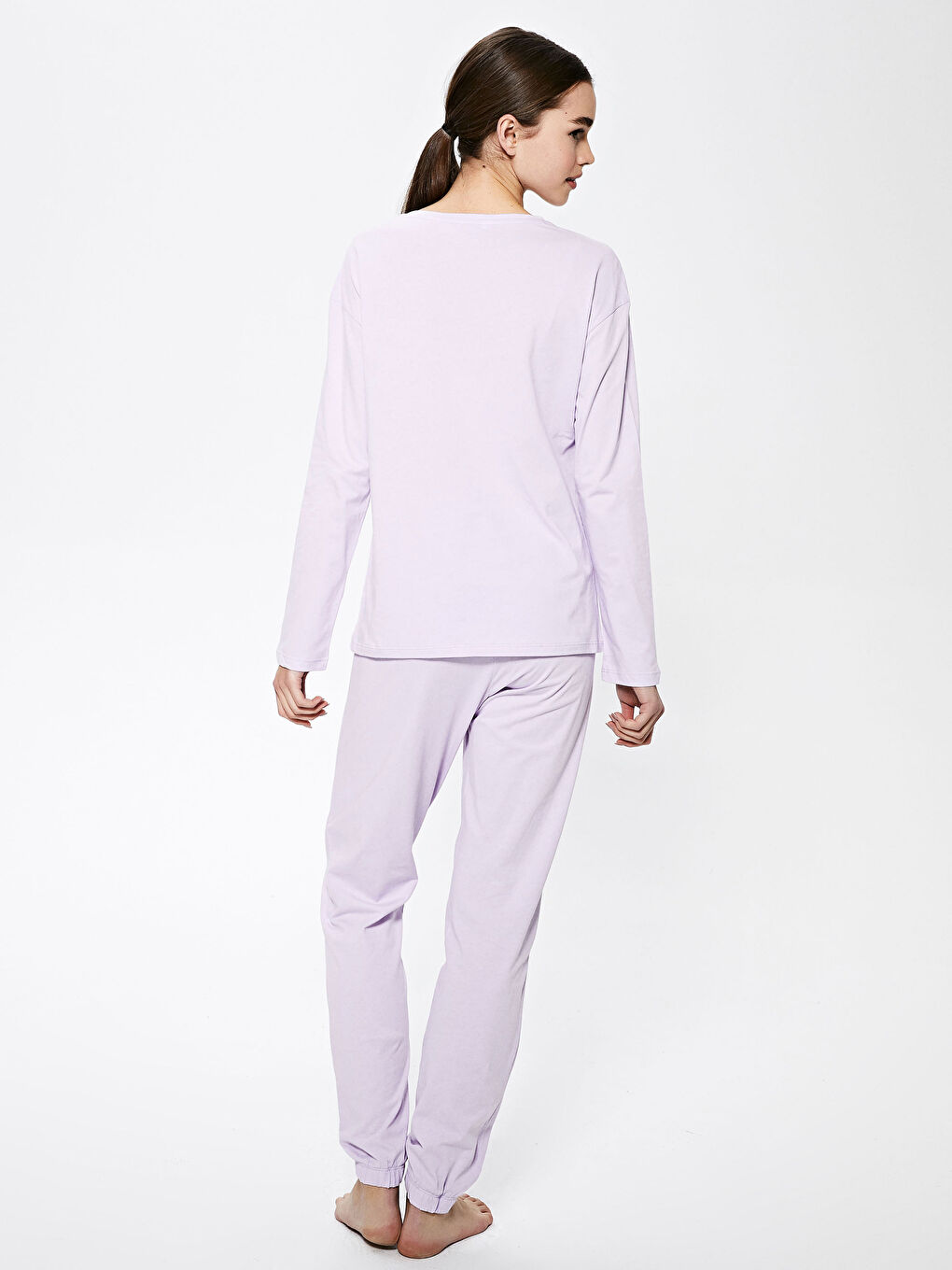 طقم بيجاما قطن كم طويل مطبوع برقبة دائرية للسيدات-4