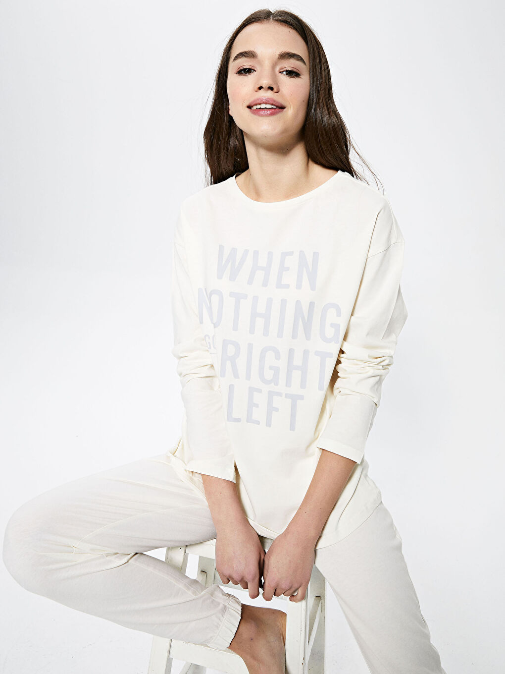 طقم بيجامة كم طويل ياقة دائرية مطبوع قطن للسيدات-2