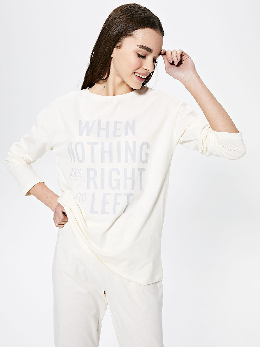 طقم بيجامة كم طويل ياقة دائرية مطبوع قطن للسيدات-3