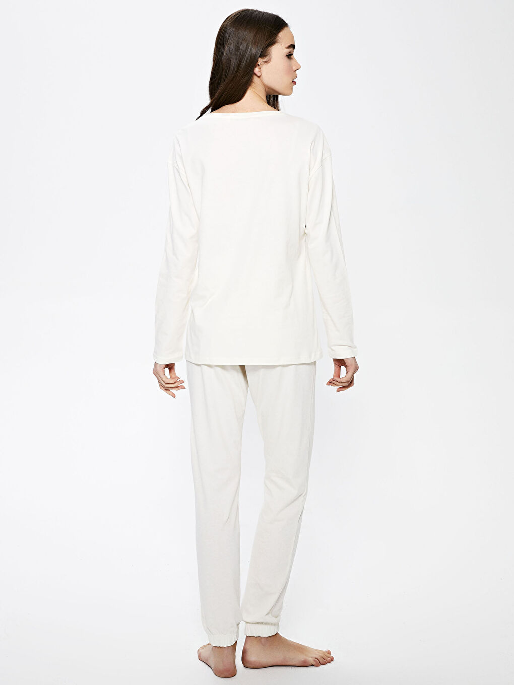 طقم بيجامة كم طويل ياقة دائرية مطبوع قطن للسيدات-4