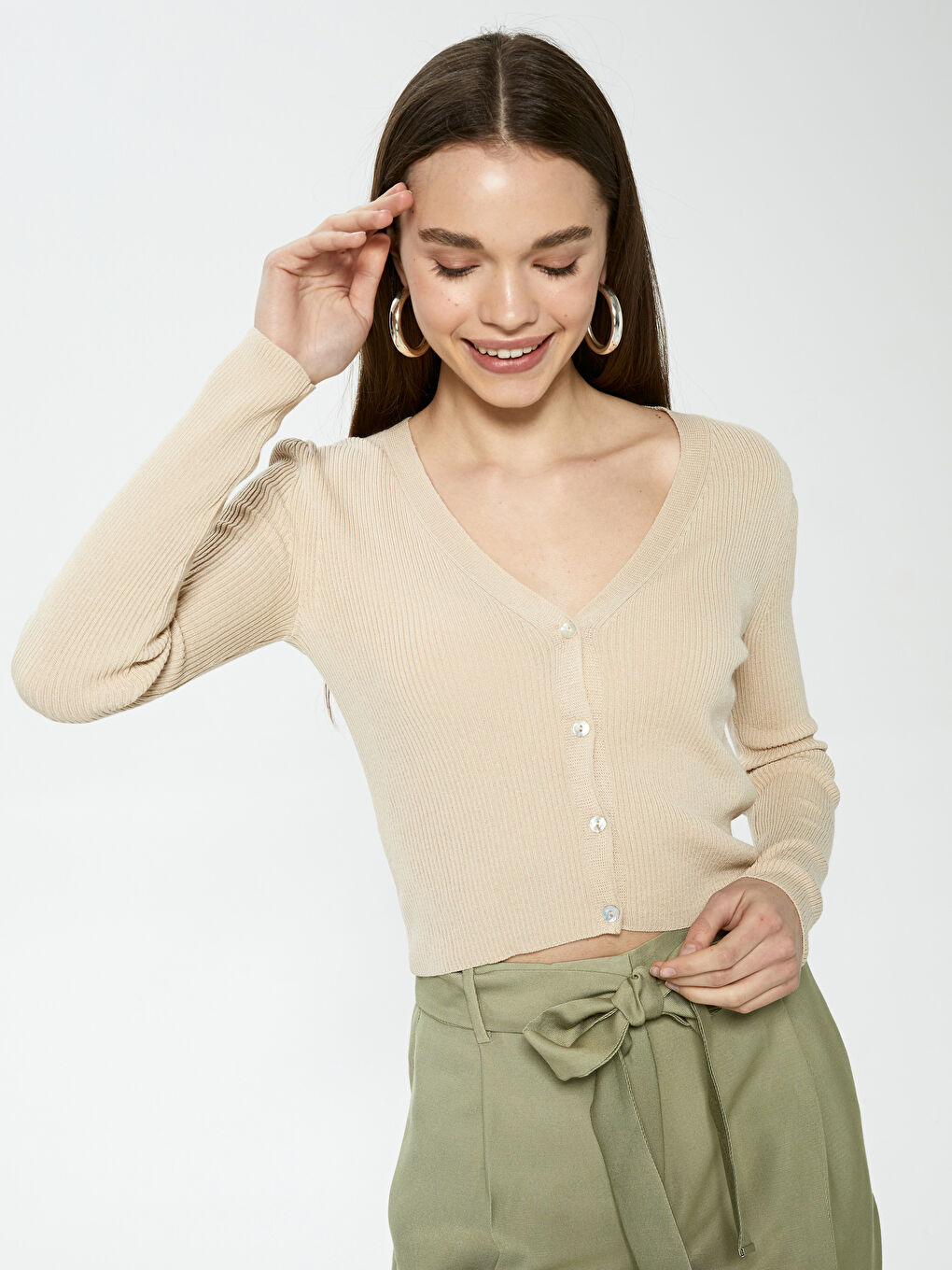 LCW Vision V Neck Button Detailed Straight Long Sleeve Women's Knitwear Cardigan -S1FR13Z8-G1Y