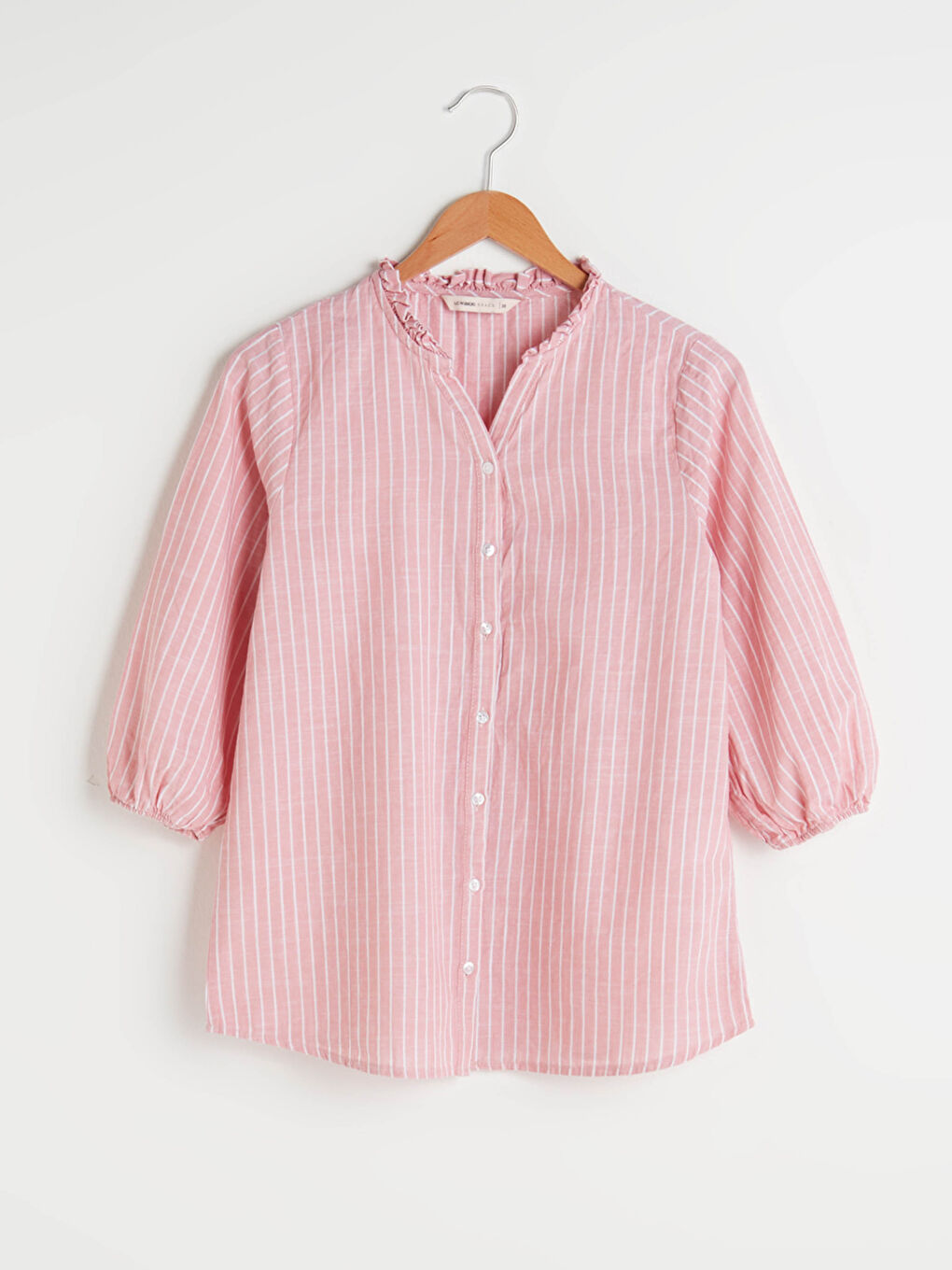 LCW Grace V Neck Striped Ruffle Detailed Cotton Women's Shirt -S1FR47Z8-LHK