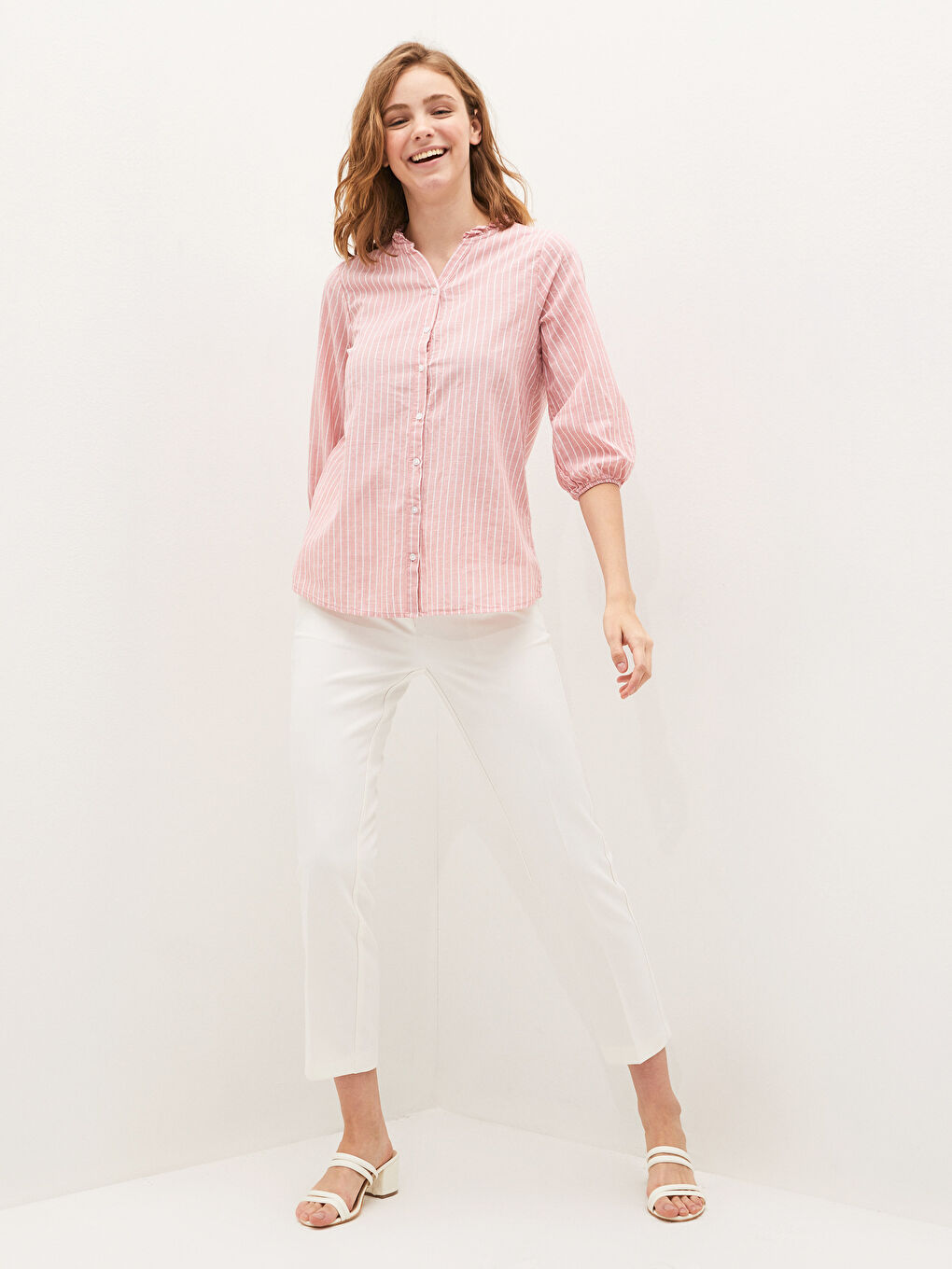 LCW Grace V Neck Striped Ruffle Detailed Cotton Women's Shirt -S1FR47Z8-LHK