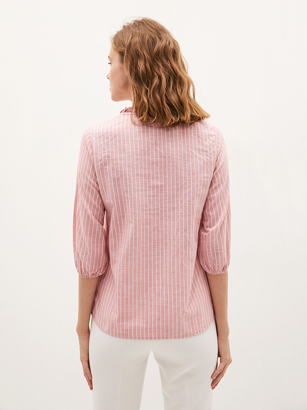 LCW Grace V Neck Striped Ruffle Detailed Cotton Women's Shirt -S1FR47Z8-LHK