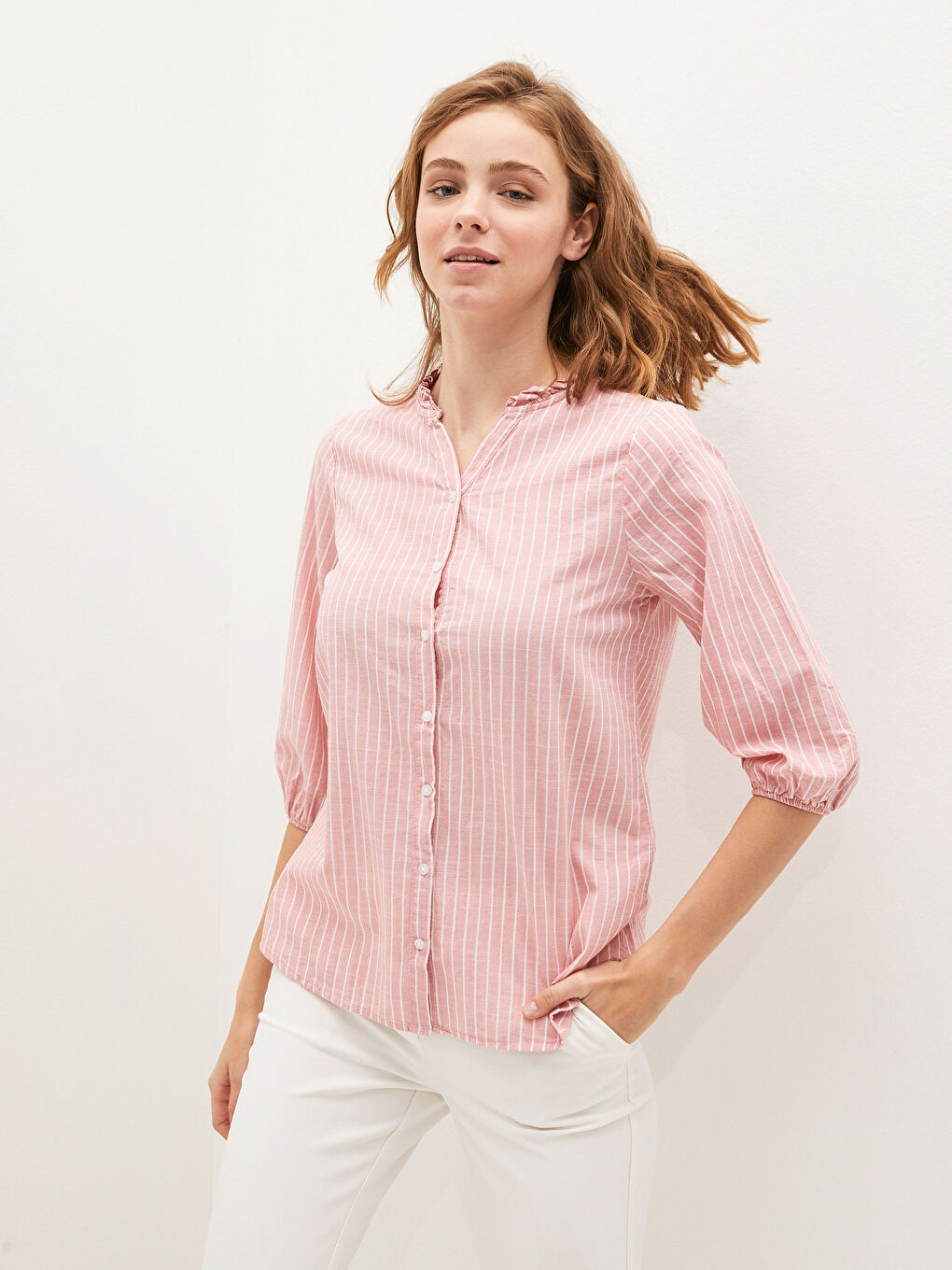 LCW Grace V Neck Striped Ruffle Detailed Cotton Women's Shirt -S1FR47Z8-LHK