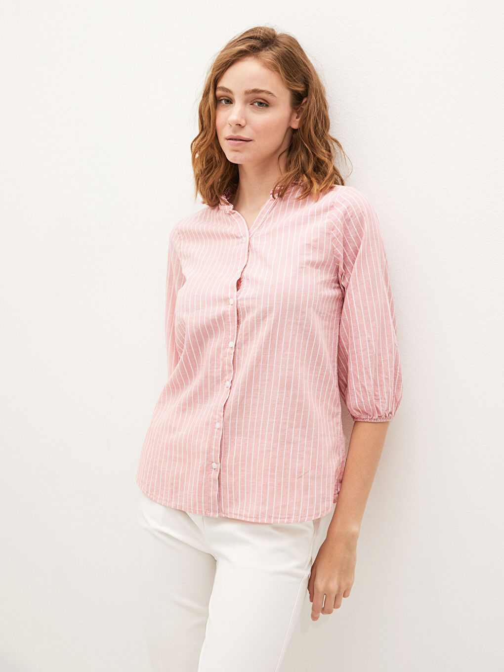LCW Grace V Neck Striped Ruffle Detailed Cotton Women's Shirt -S1FR47Z8-LHK