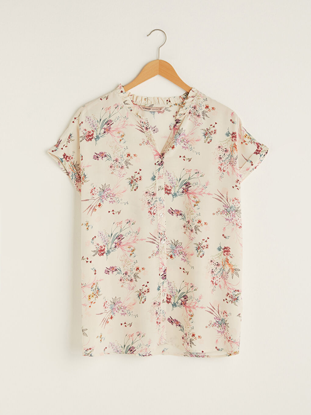 Frilly Turtleneck Short Sleeve Floral Viscose Women's Shirt-5
