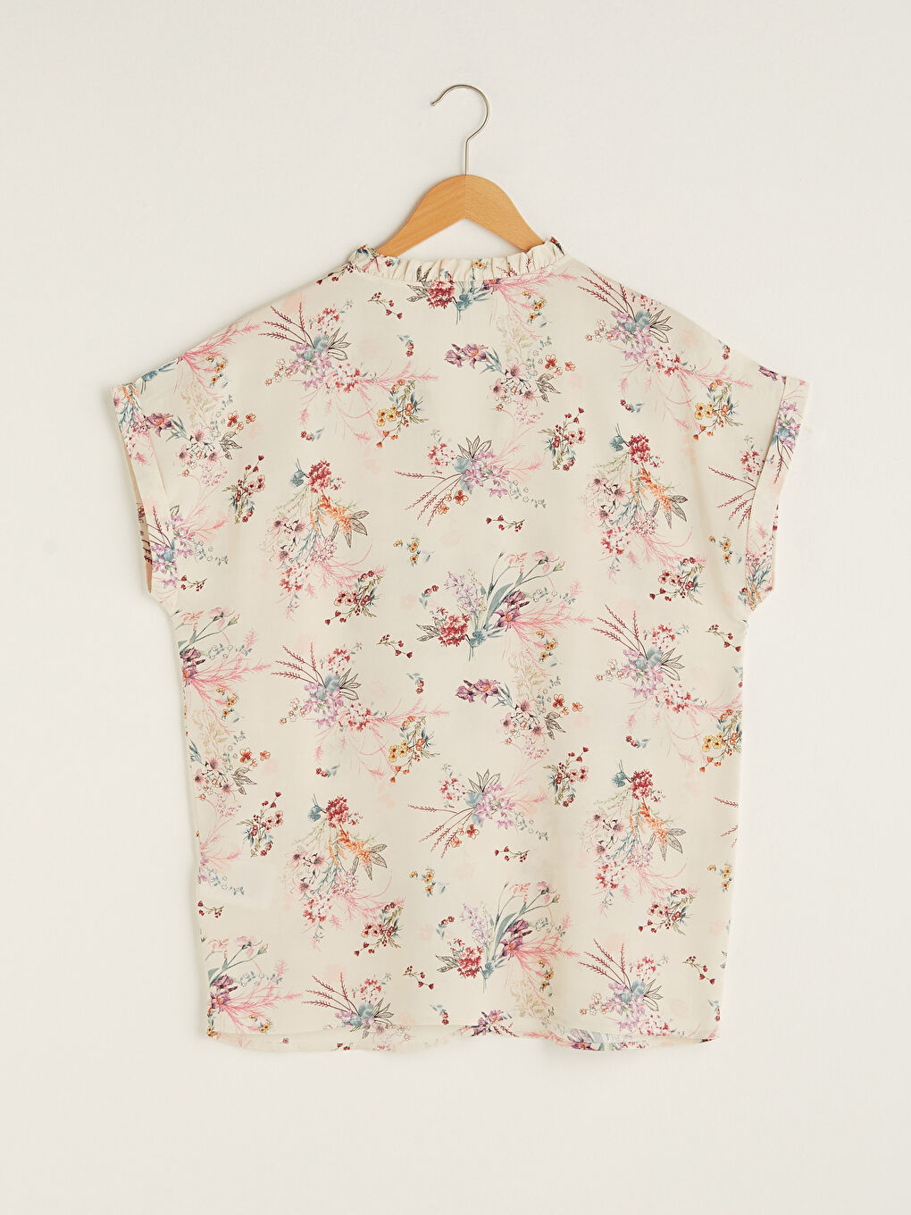 Frilly Turtleneck Short Sleeve Floral Viscose Women's Shirt-6