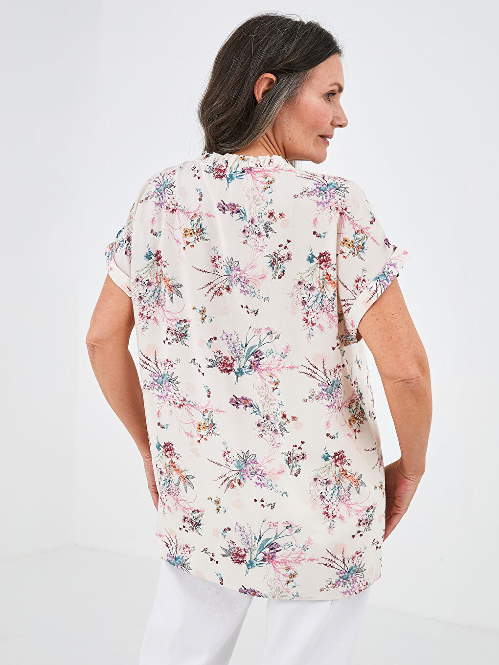 Frilly Turtleneck Short Sleeve Floral Viscose Women's Shirt-3