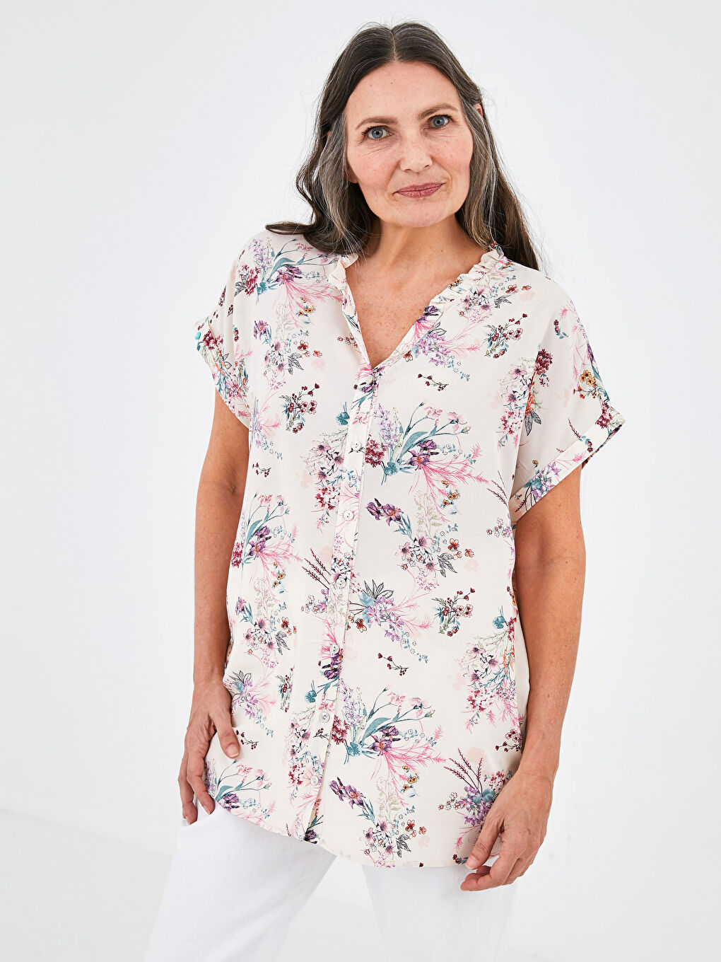 Frilly Turtleneck Short Sleeve Floral Viscose Women's Shirt-4
