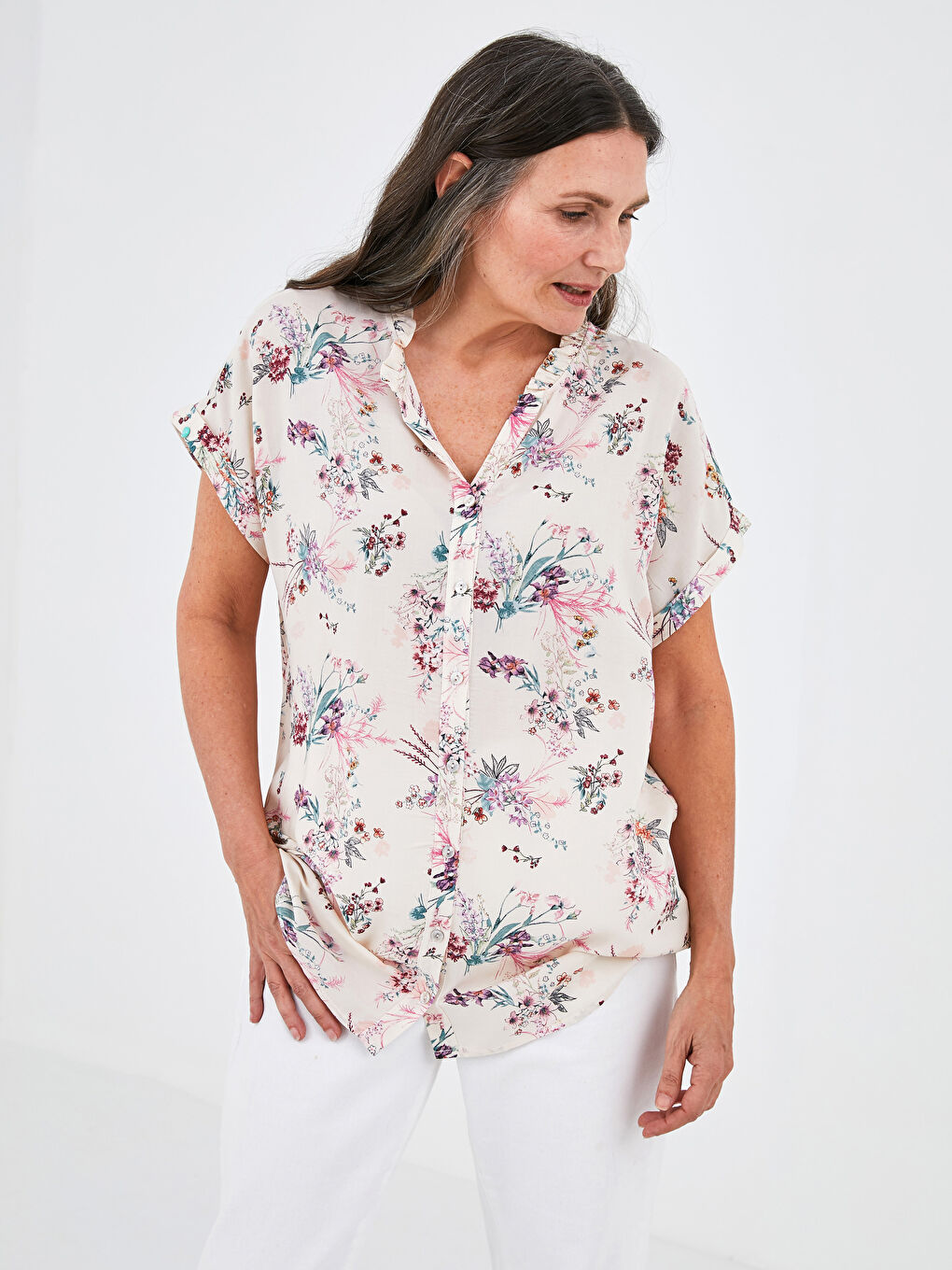 Frilly Turtleneck Short Sleeve Floral Viscose Women's Shirt