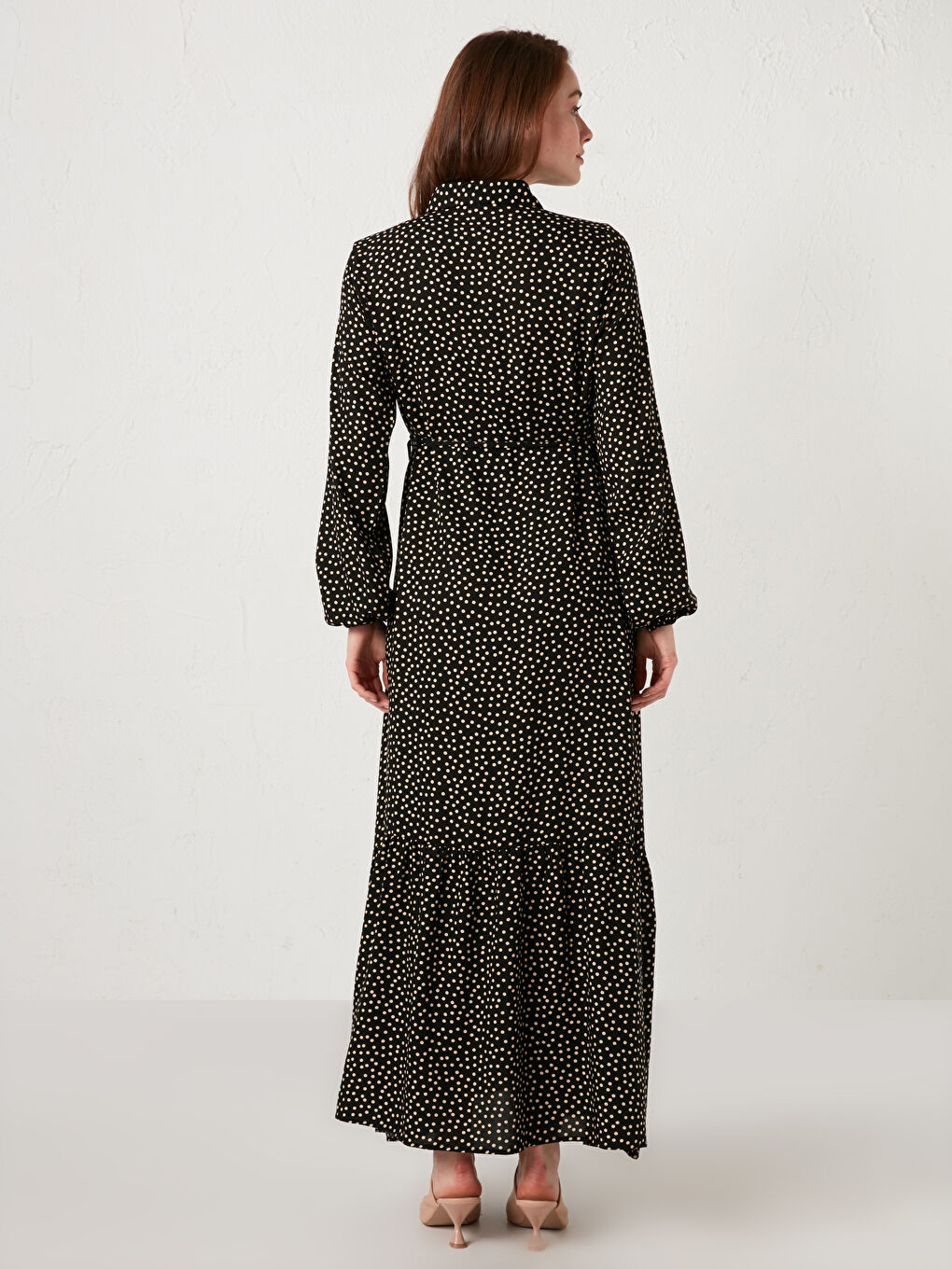 Siyah Gömlek Yaka Puantiyeli Uzun Kollu Emzirme Özellikli Hamile Elbise-4