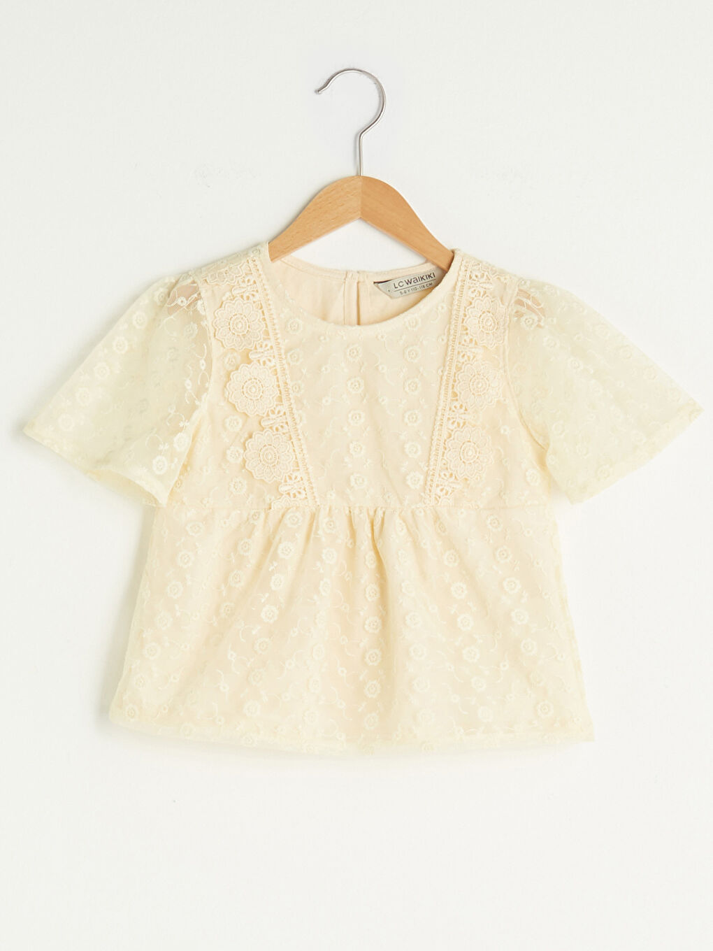 Blouse Fille à Manches Courtes avec Détails en Dentelle et Col Rond