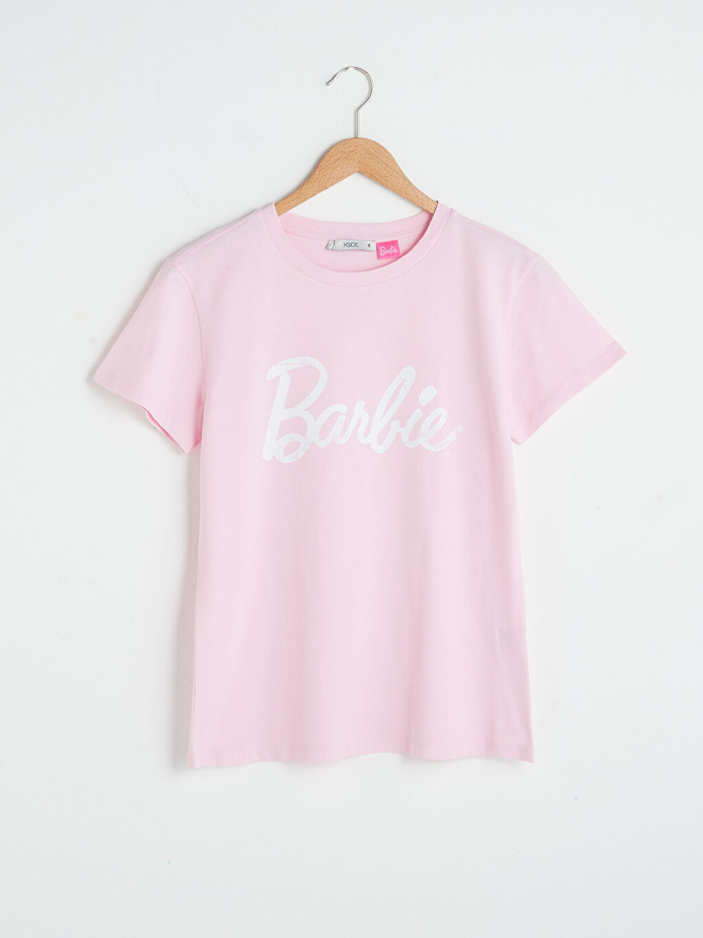 Pembe Bisiklet Yaka Barbie Baskılı Kısa Kollu Kadın Tişört-4