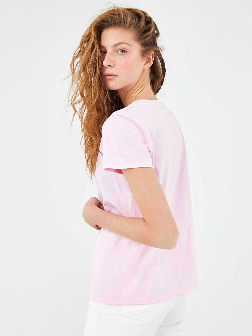 Pembe Bisiklet Yaka Barbie Baskılı Kısa Kollu Kadın Tişört-2