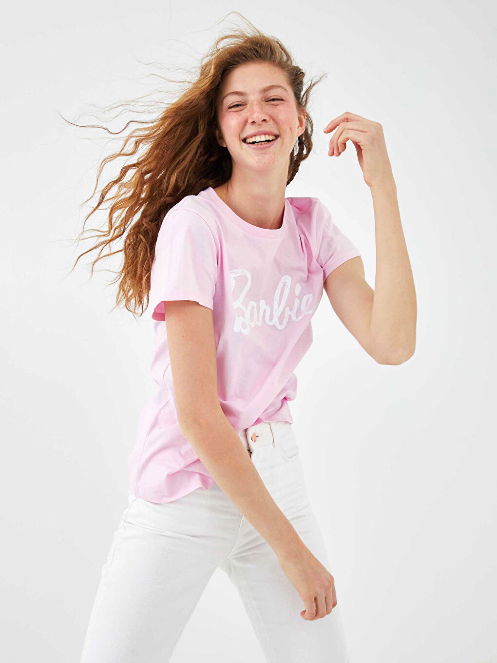 Pembe Bisiklet Yaka Barbie Baskılı Kısa Kollu Kadın Tişört
