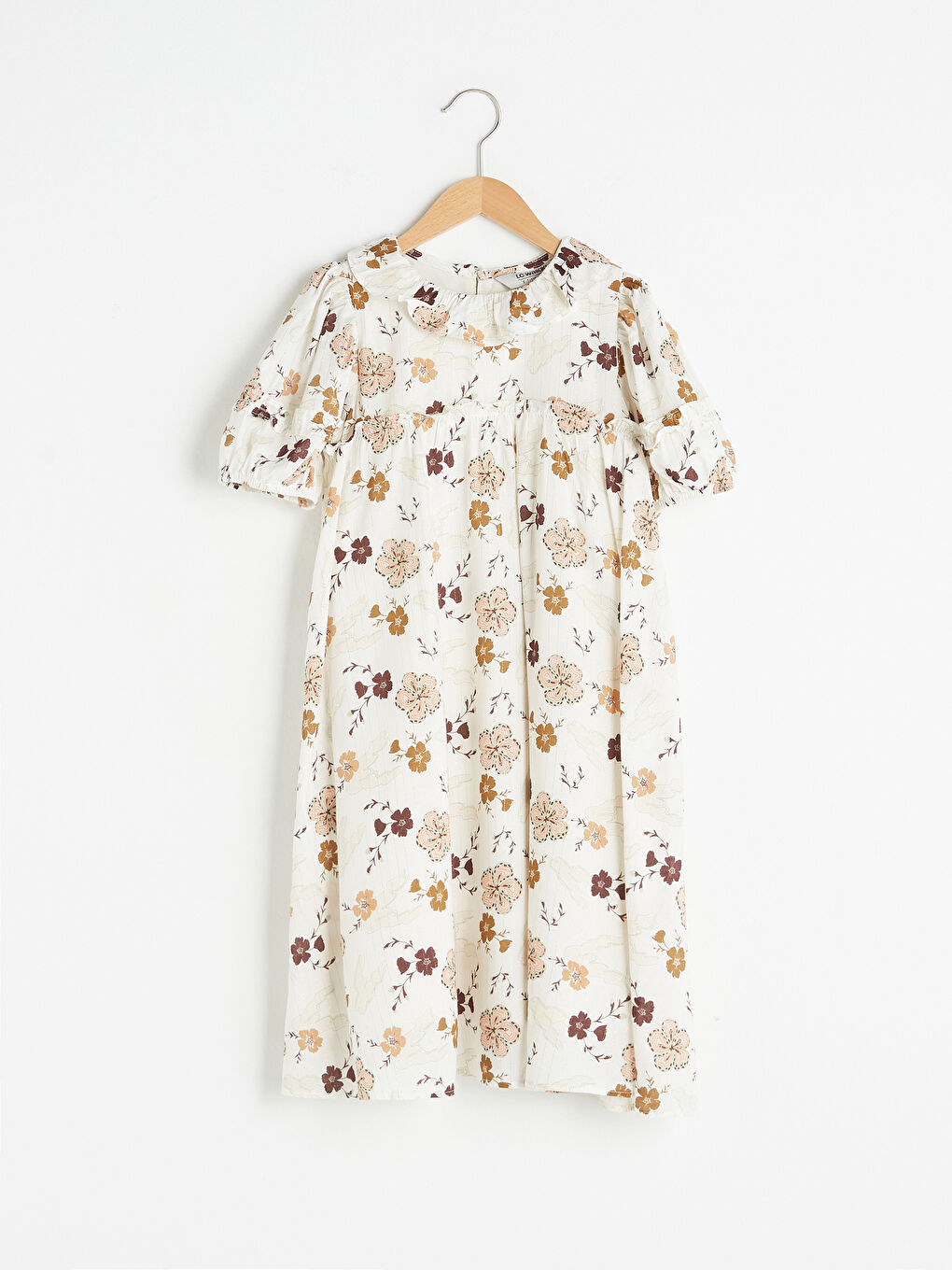 Ekru Bisiklet Yaka Desenli Kısa Kollu Viskon Kız Çocuk Elbise