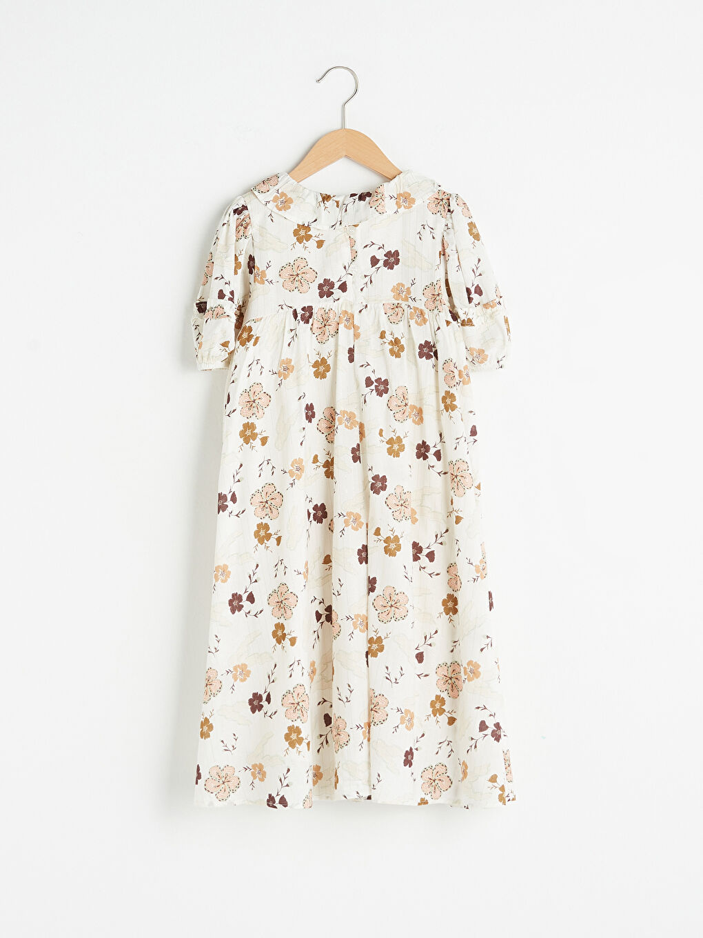 Ekru Bisiklet Yaka Desenli Kısa Kollu Viskon Kız Çocuk Elbise-1