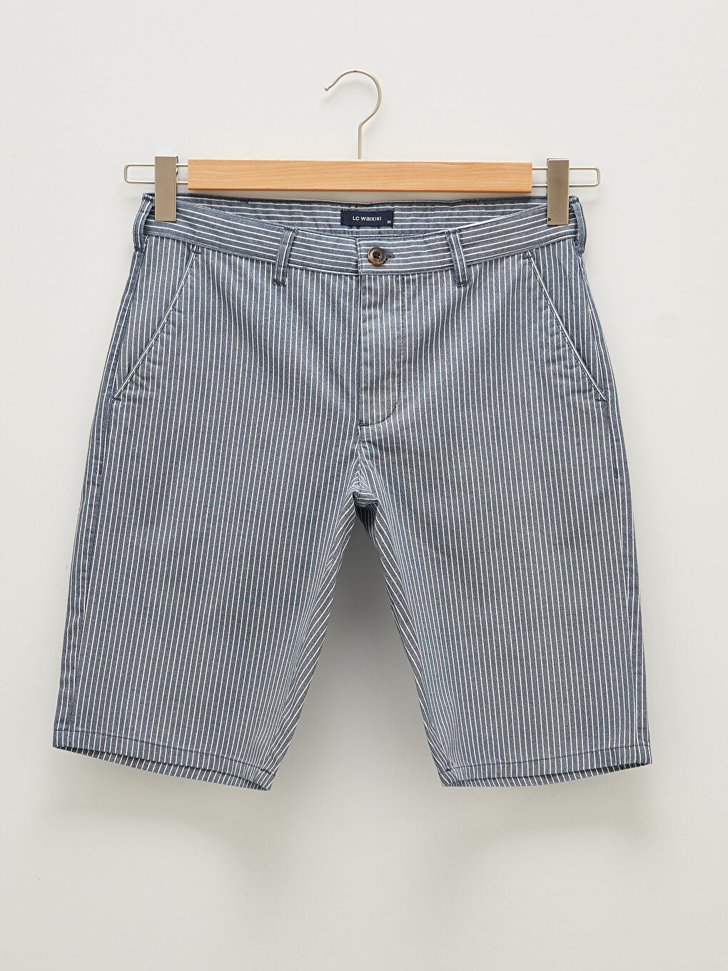 Lacivert Standart Kalıp Çizgili Gabardin Erkek Şort-5