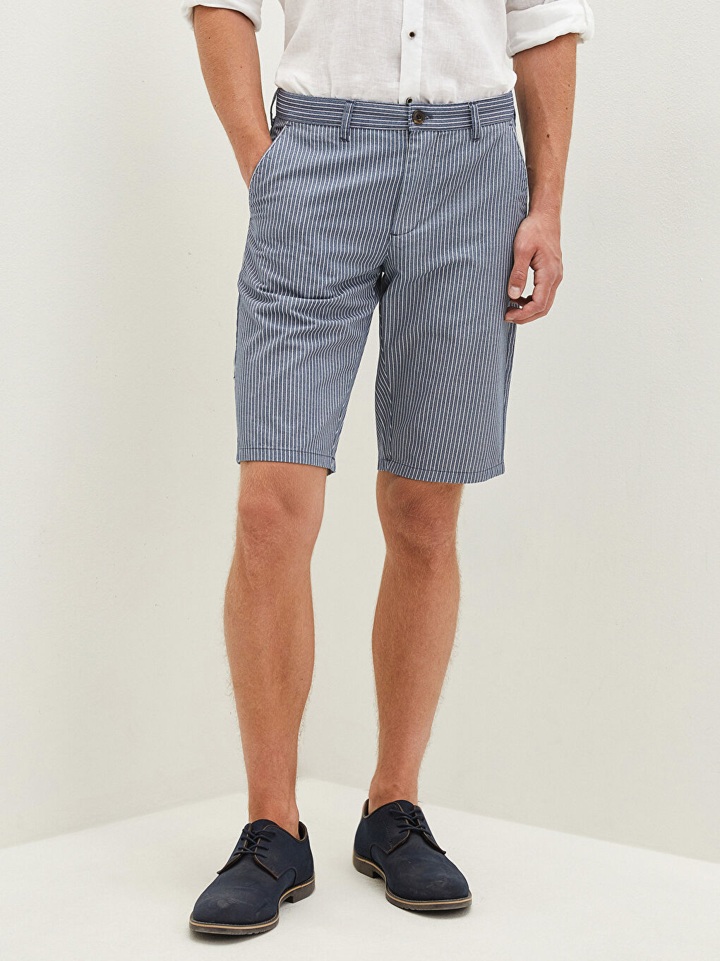Lacivert Standart Kalıp Çizgili Gabardin Erkek Şort-2