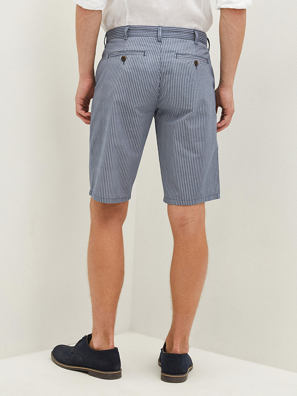 Lacivert Standart Kalıp Çizgili Gabardin Erkek Şort-3