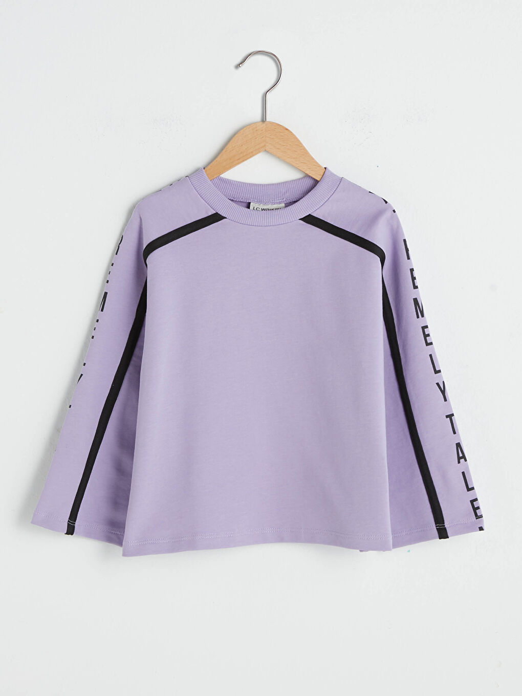 Lila Bisiklet Yaka Yazı Baskılı Uzun Kollu Kız Çocuk Sweatshirt