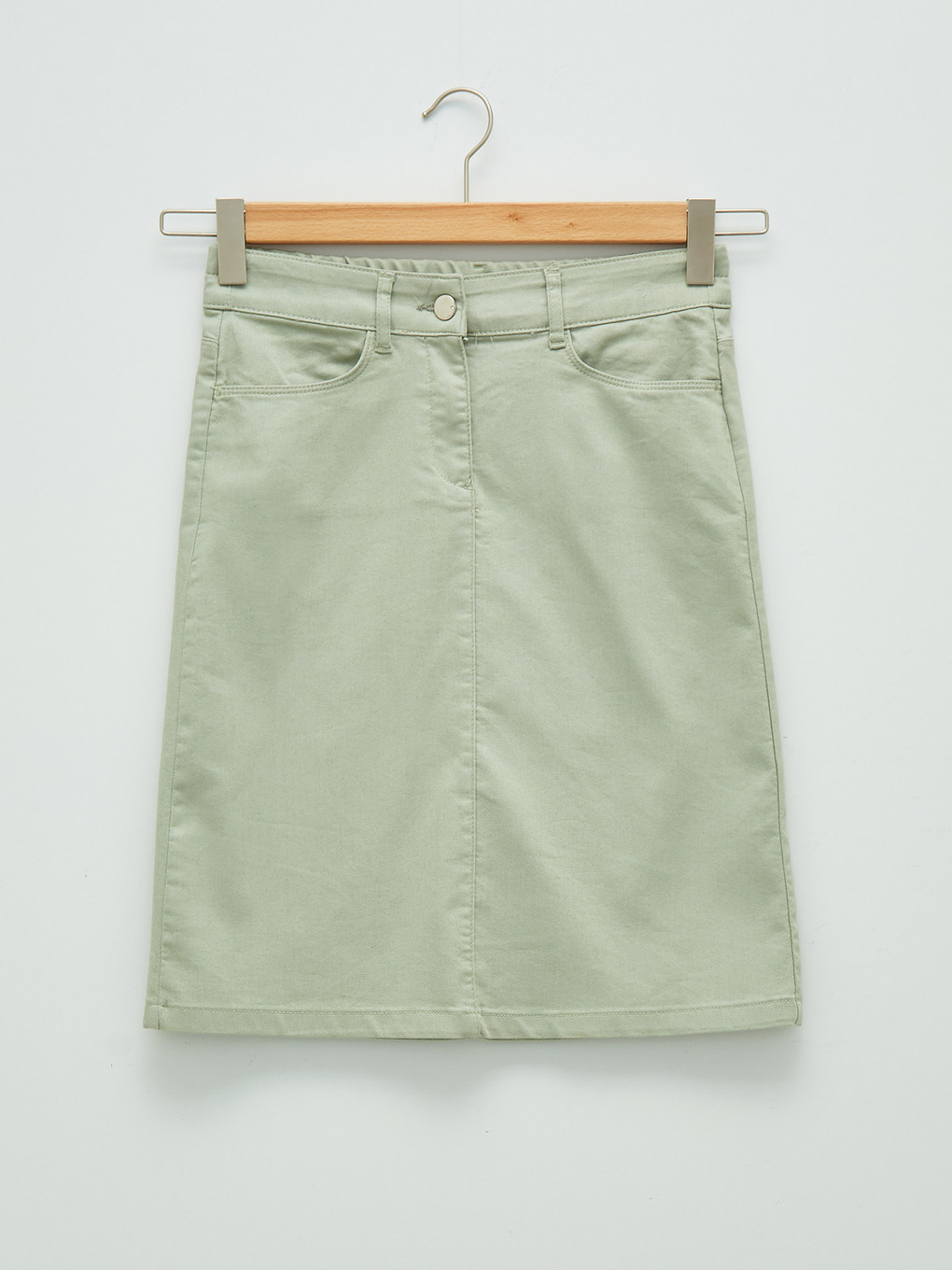 Yeşil Beli Lastikli Cep Detaylı Gabardin Kumaş Kadın Etek-6