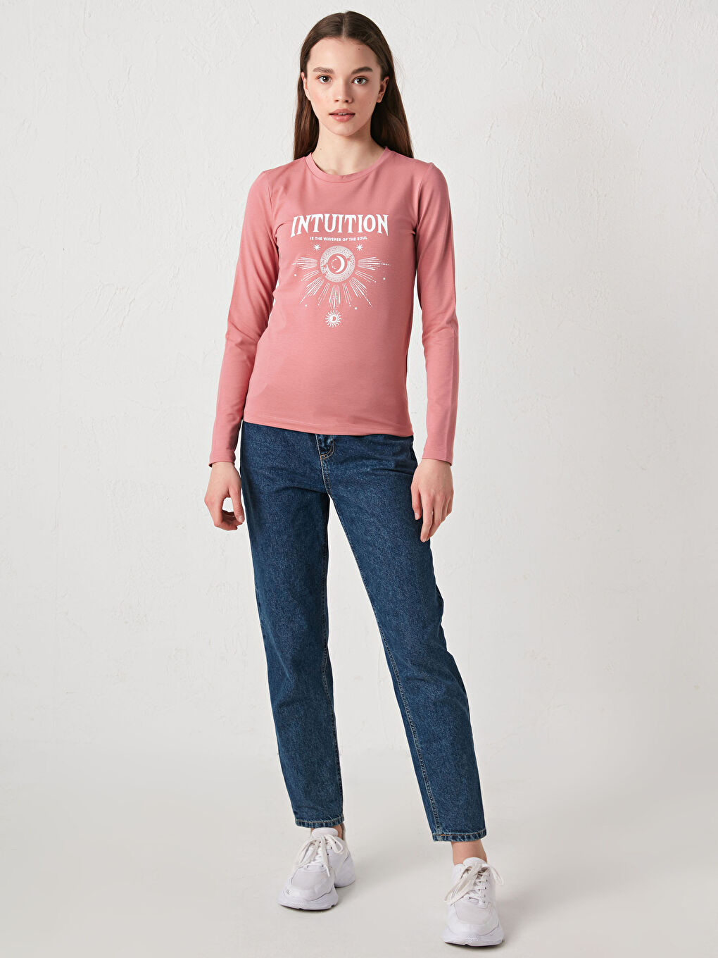 әйелдерге арналған дөңгелек жағалы принтті ұзын жеңді мақта футболка-2