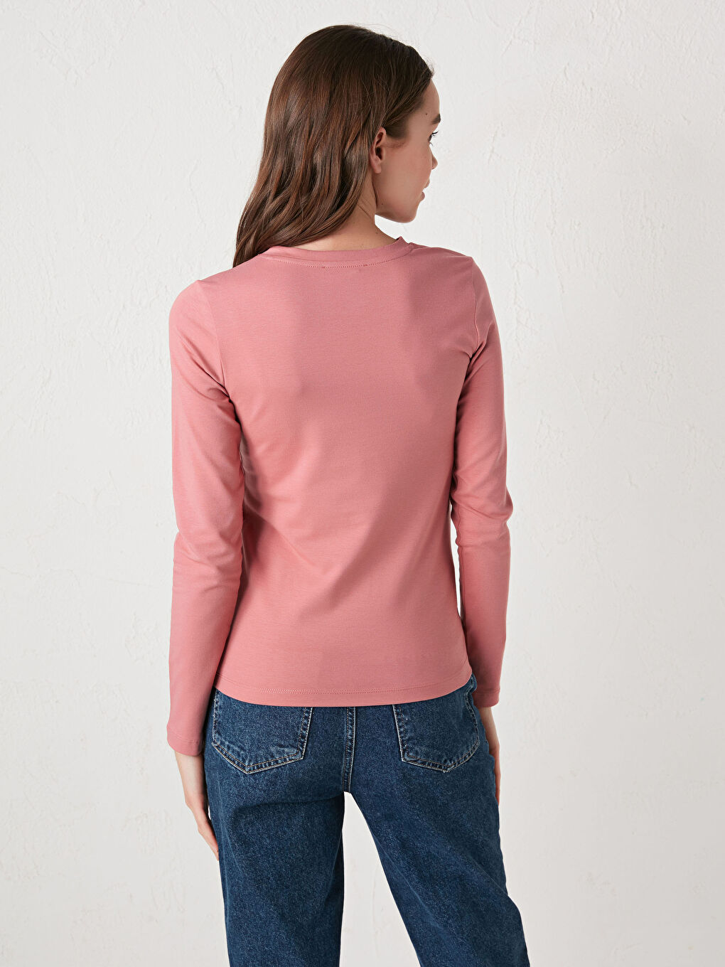 әйелдерге арналған дөңгелек жағалы принтті ұзын жеңді мақта футболка-3