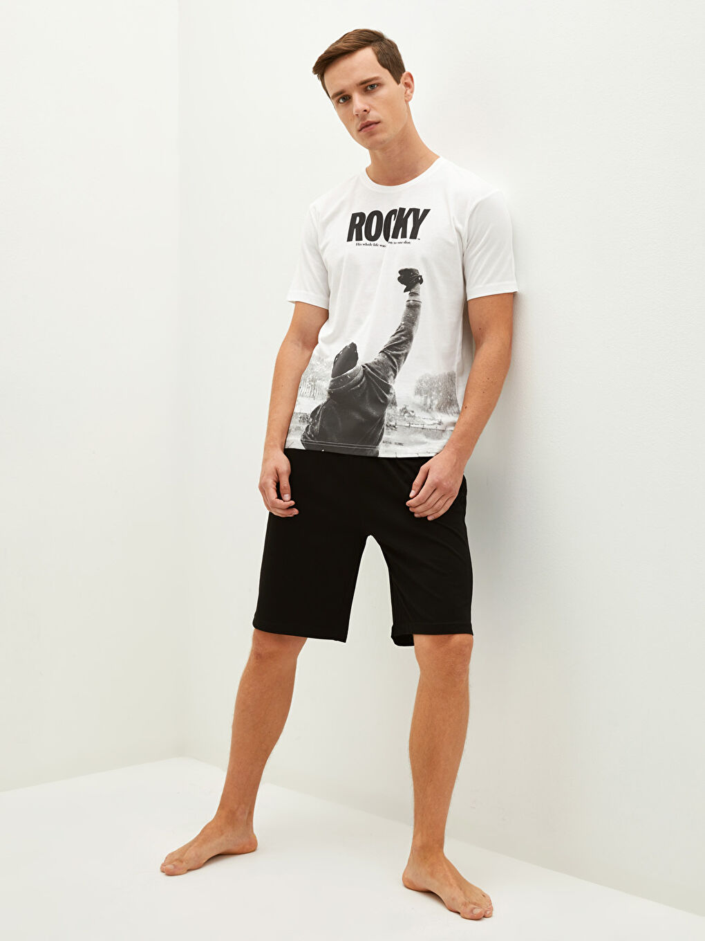 Ekru Standart Kalıp Erkek Şortlu Pijama Takımı-5