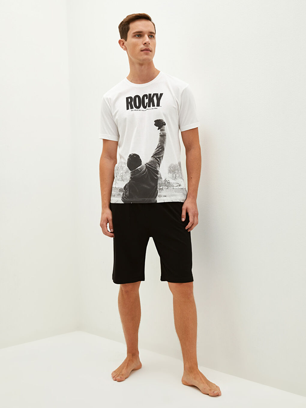 Ekru Standart Kalıp Erkek Şortlu Pijama Takımı-1