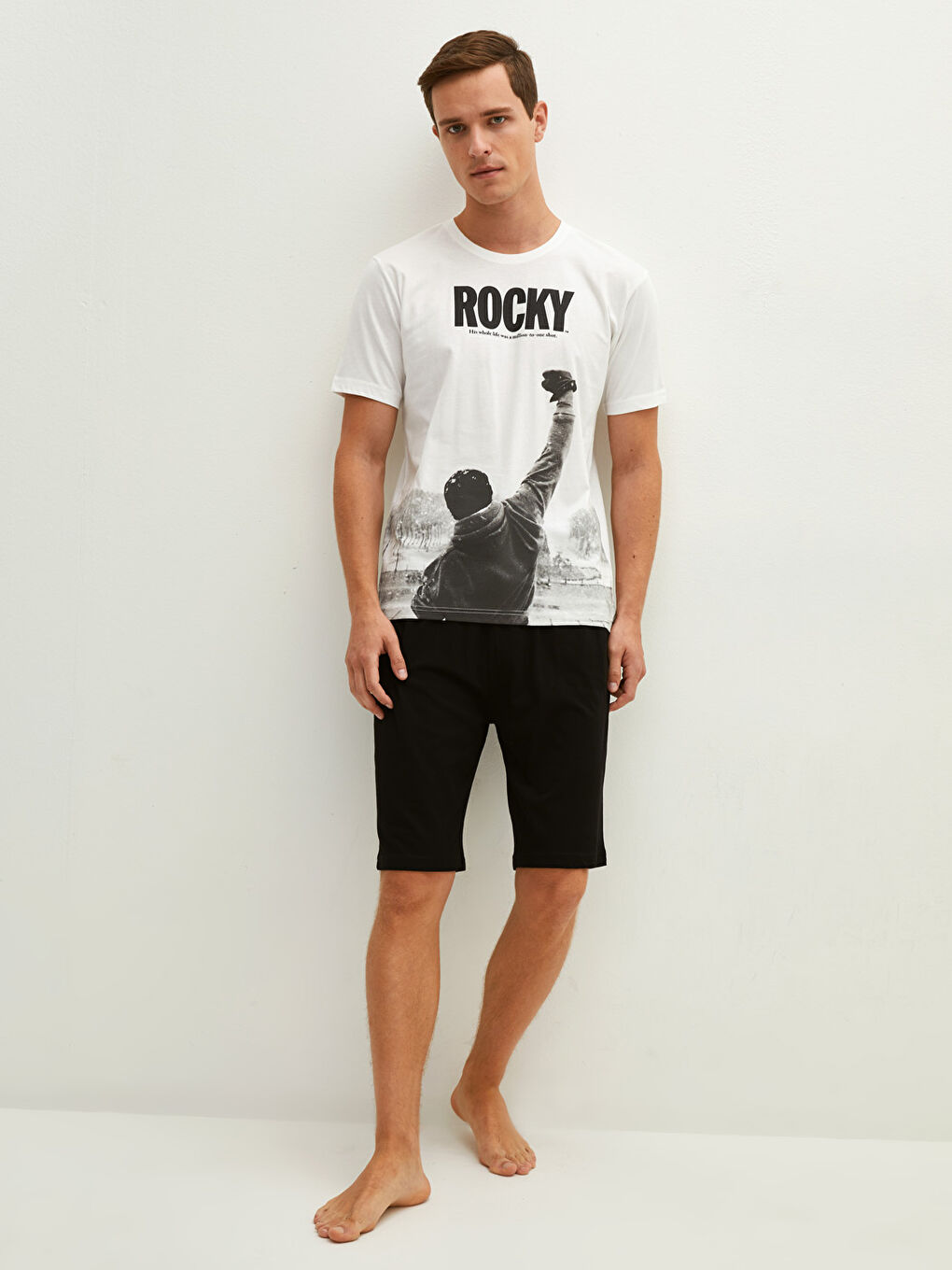 Ekru Standart Kalıp Erkek Şortlu Pijama Takımı-2