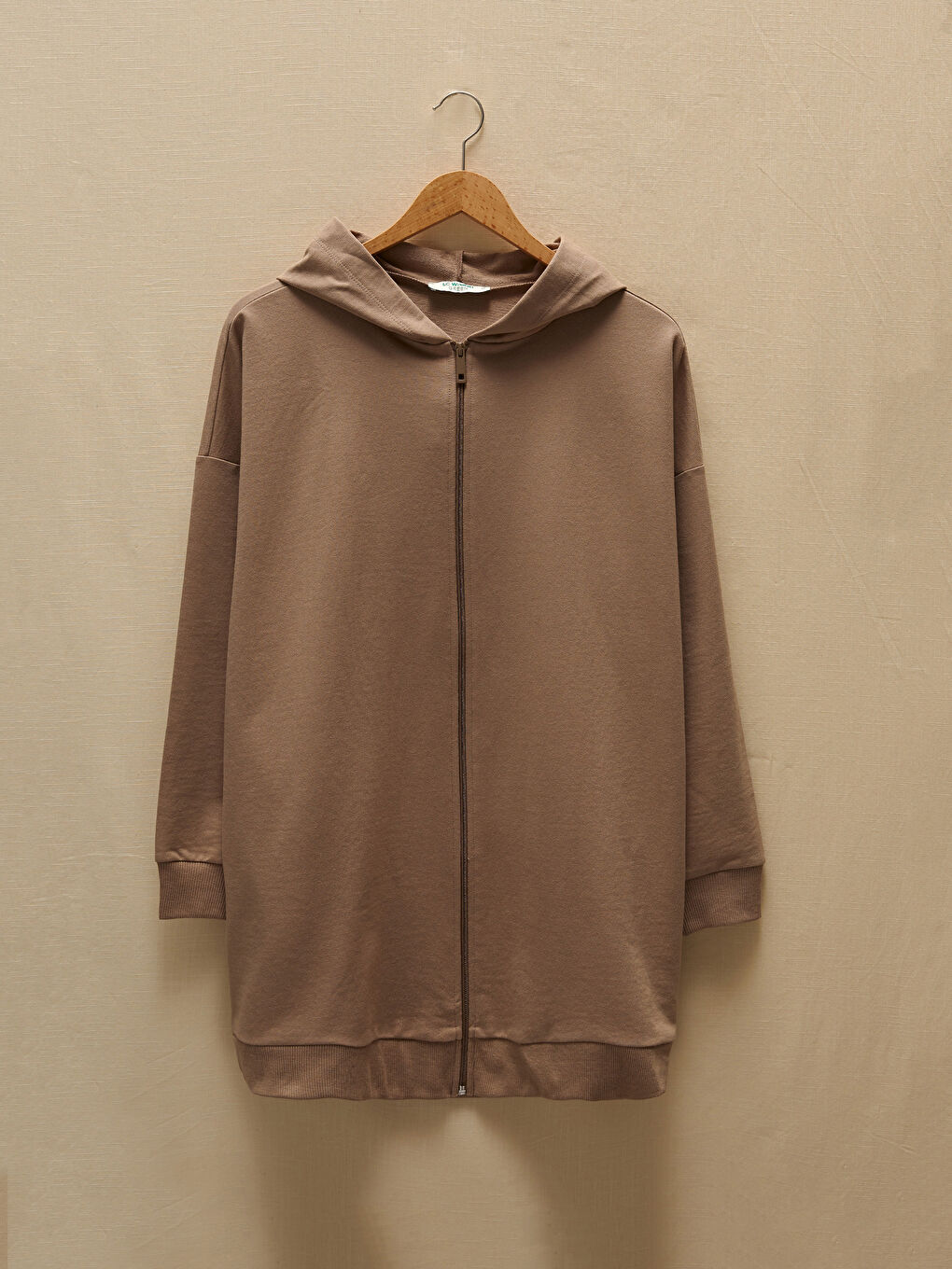 Bej Kapüşon Yaka Düz Fermuar Kapamalı Uzun Kollu Kadın Hırka-5