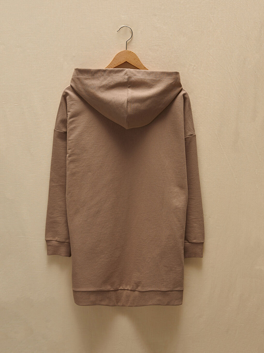 Bej Kapüşon Yaka Düz Fermuar Kapamalı Uzun Kollu Kadın Hırka-6