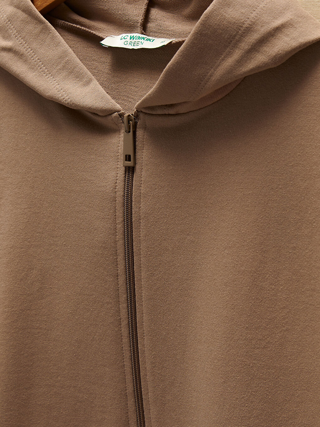 Bej Kapüşon Yaka Düz Fermuar Kapamalı Uzun Kollu Kadın Hırka-7