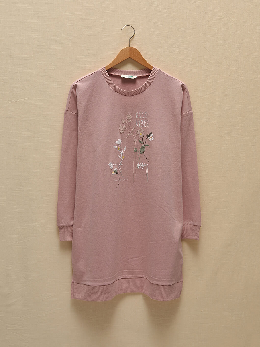 Pembe Bisiklet Yaka Baskılı Uzun Kollu Kadın Tunik-5