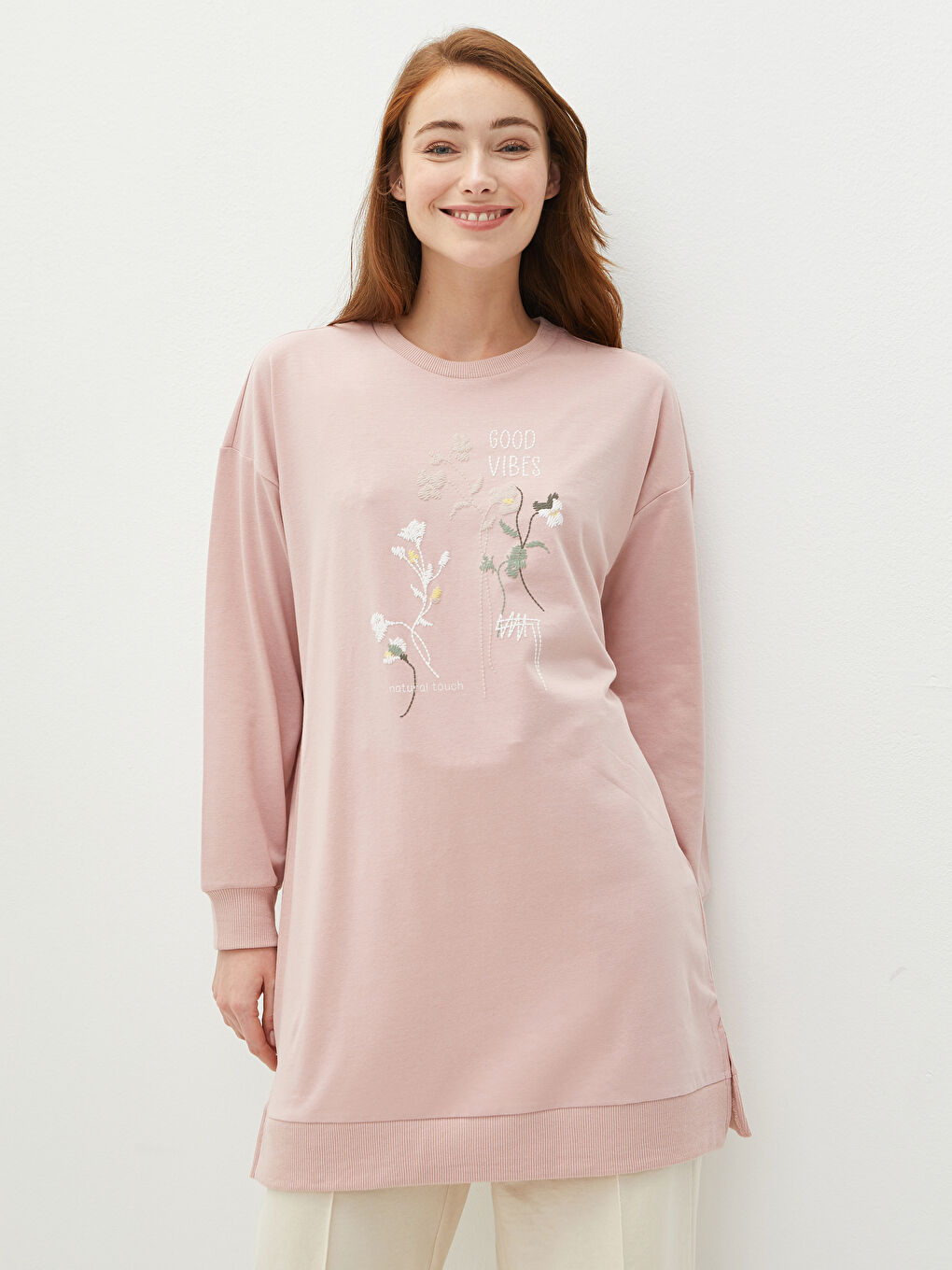 Pembe Bisiklet Yaka Baskılı Uzun Kollu Kadın Tunik-4