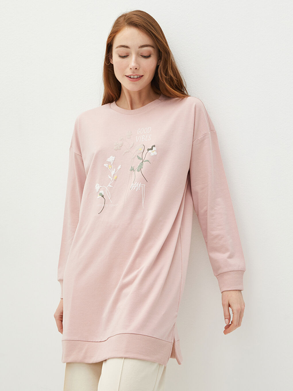 Pembe Bisiklet Yaka Baskılı Uzun Kollu Kadın Tunik