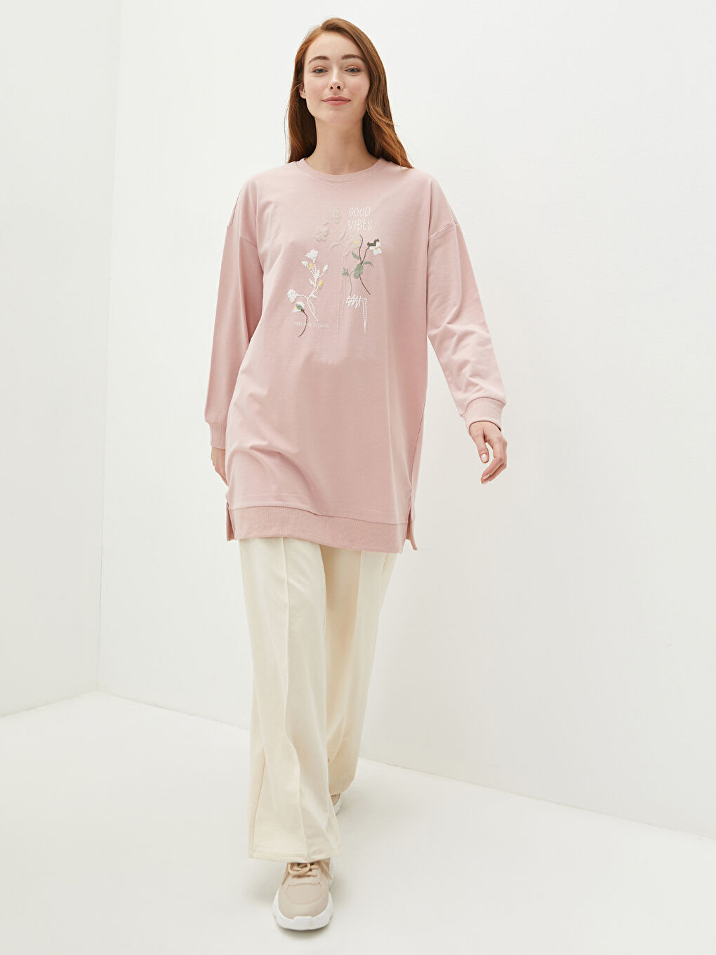 Pembe Bisiklet Yaka Baskılı Uzun Kollu Kadın Tunik-1