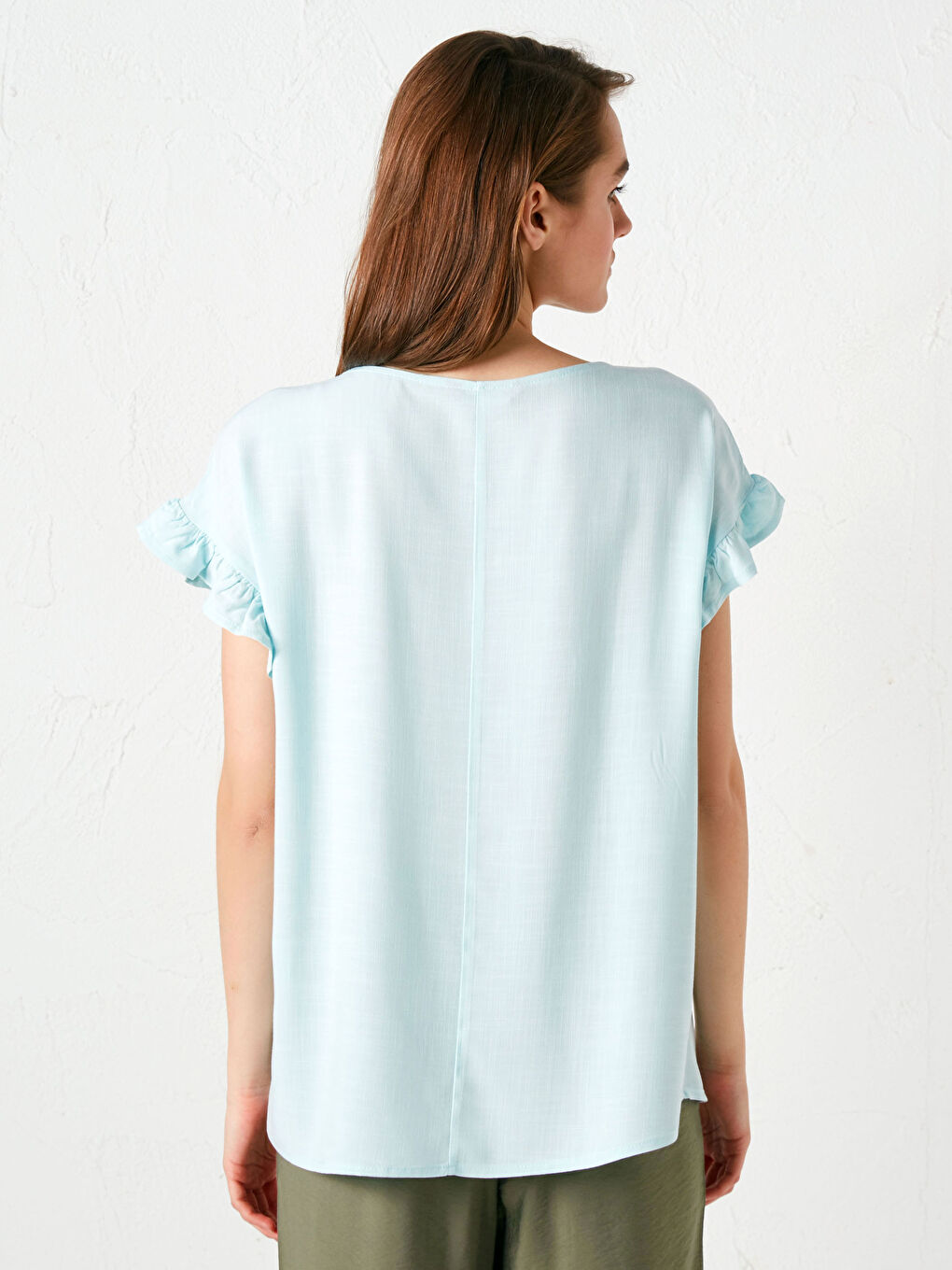 Mavi Bisiklet Yaka Fırfır Detaylı Kısa Kollu Viskon Kadın Bluz-4