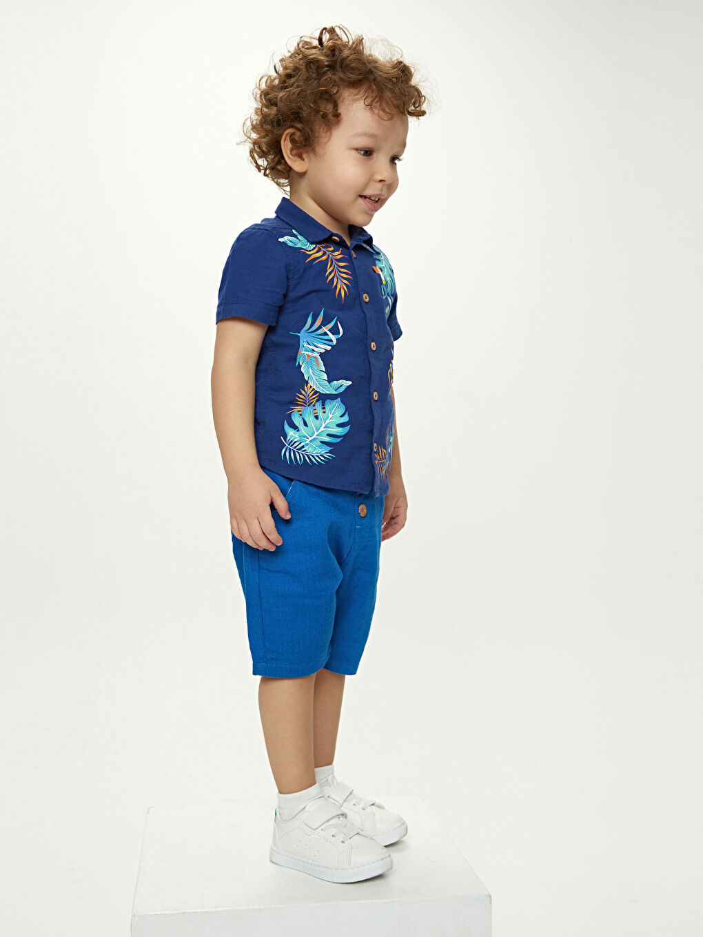 Lacivert Kısa Kollu Baskılı Pamuklu Erkek Bebek Gömlek-2