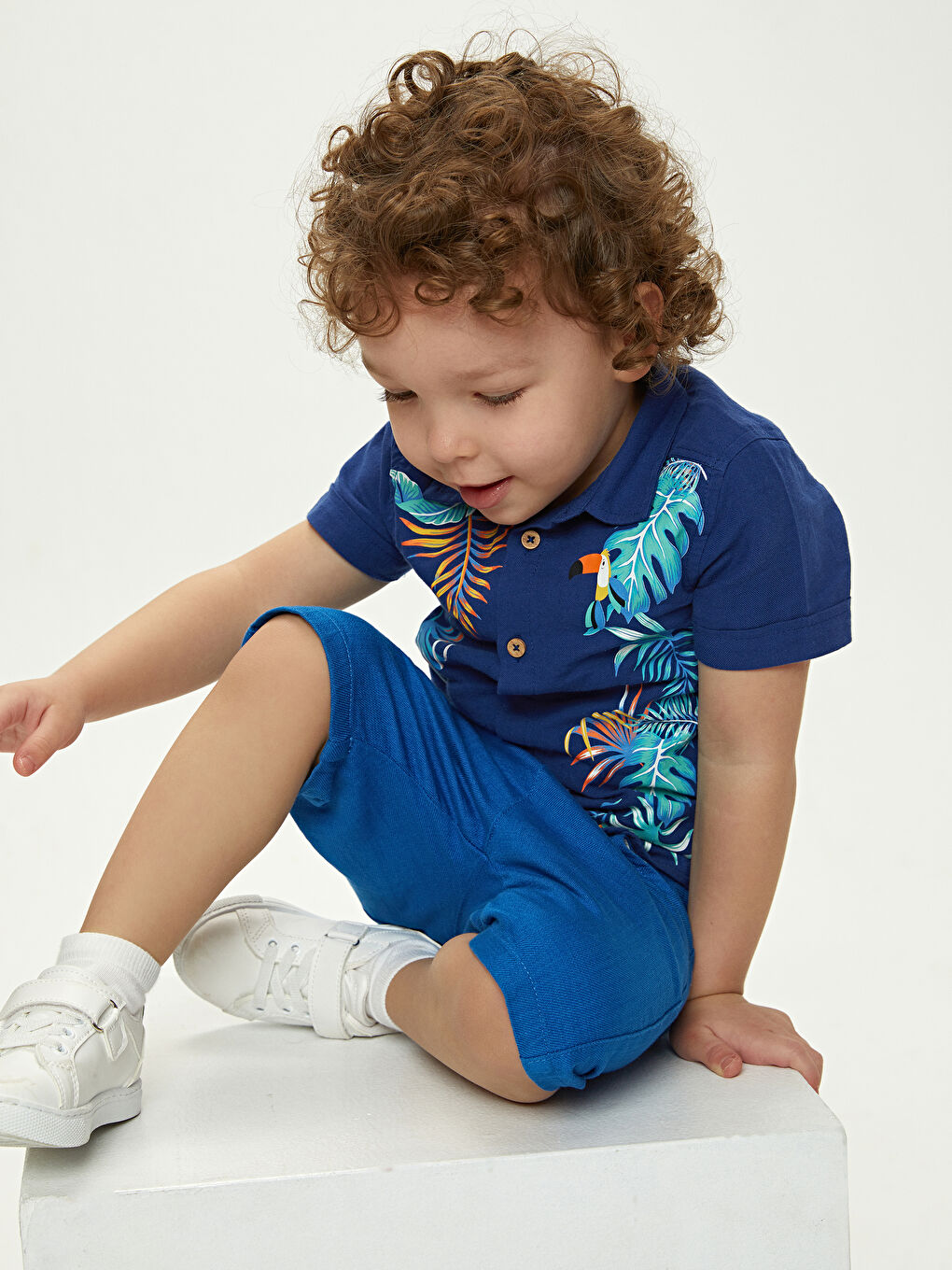 Lacivert Kısa Kollu Baskılı Pamuklu Erkek Bebek Gömlek-3