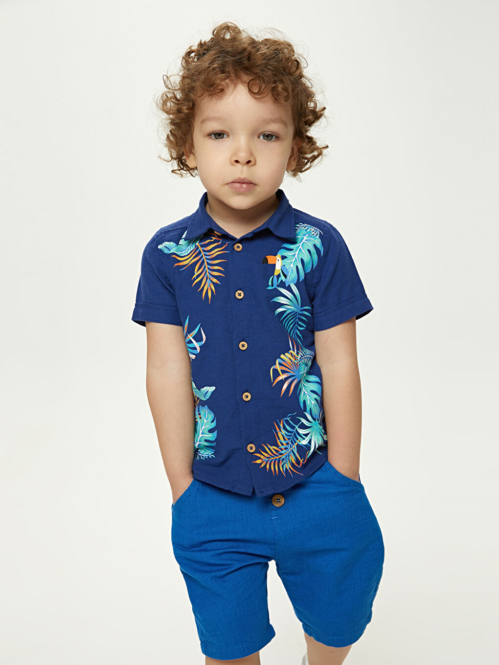 Lacivert Kısa Kollu Baskılı Pamuklu Erkek Bebek Gömlek