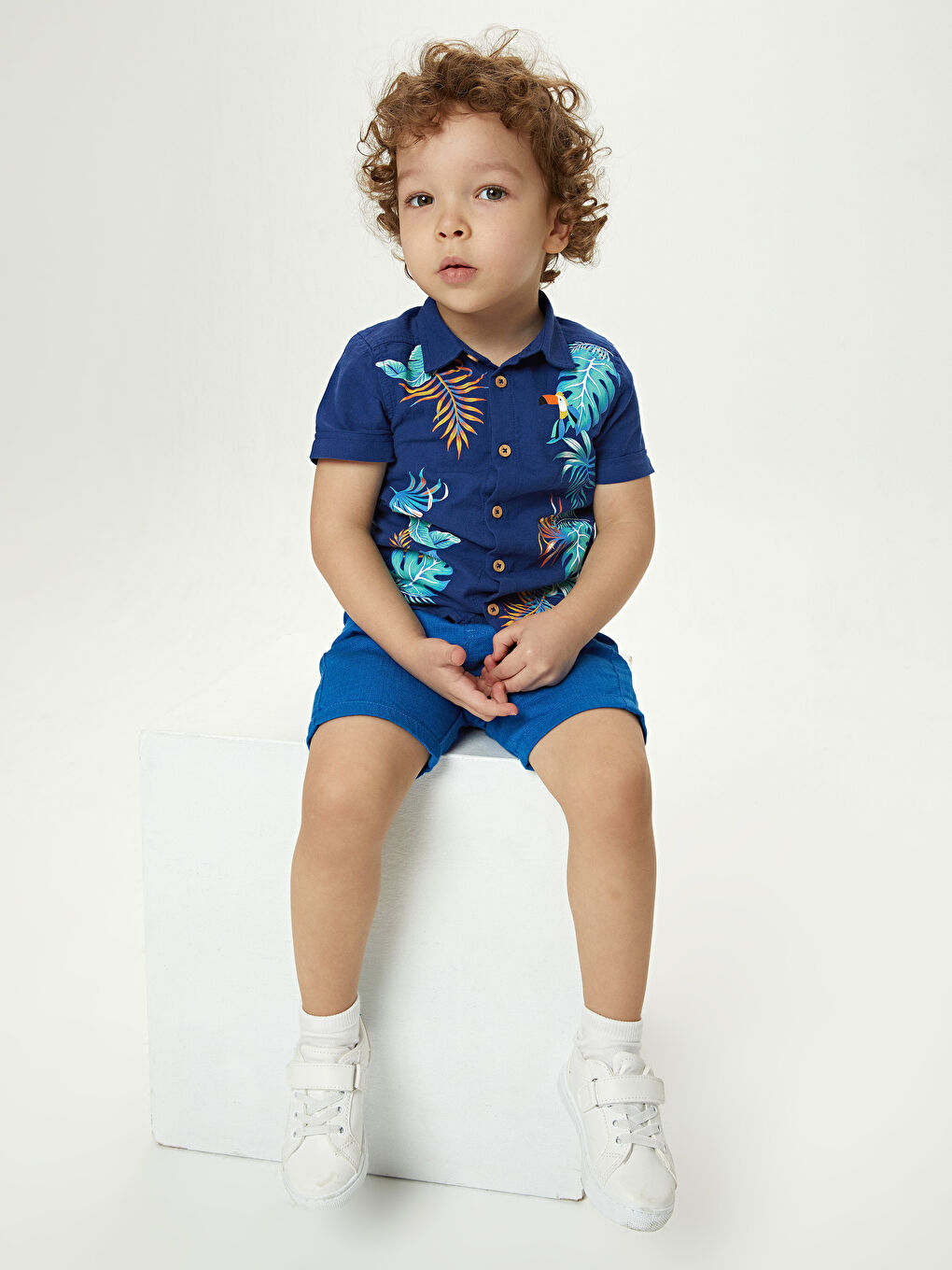 Lacivert Kısa Kollu Baskılı Pamuklu Erkek Bebek Gömlek-1