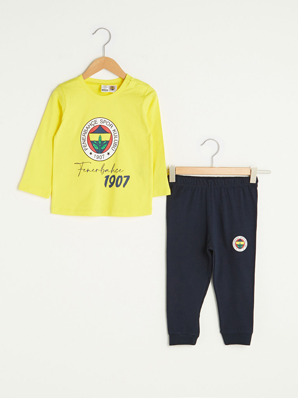 Sarı Bisiklet Yaka Uzun Kollu Fenerbahçe Amblemli Erkek Bebek Pijama Takımı