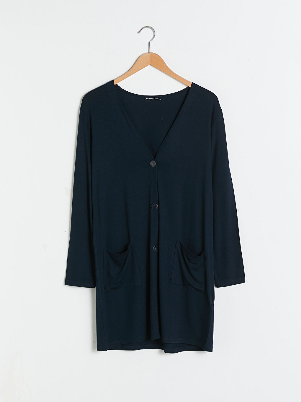 Lacivert V Yaka Düz Uzun Kollu Viskon Kadın Hırka-5