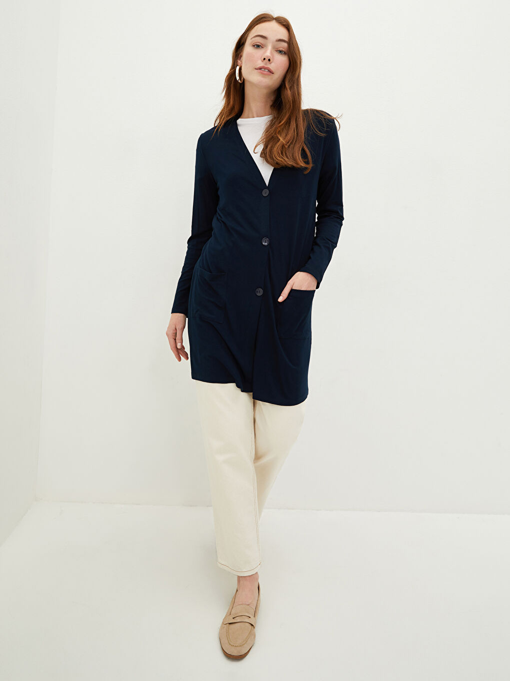 Lacivert V Yaka Düz Uzun Kollu Viskon Kadın Hırka-2